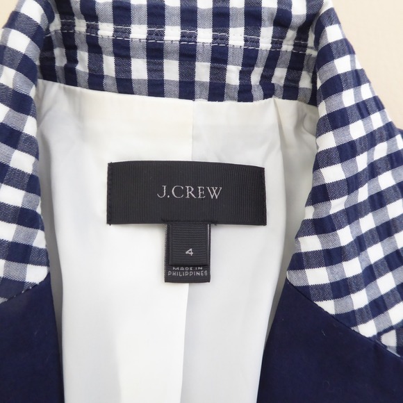 J Crew Puckered Gingham Blazer Jacket Navy Blue Lapel White Cotton Womens Size 4 - Picture 5 of 11